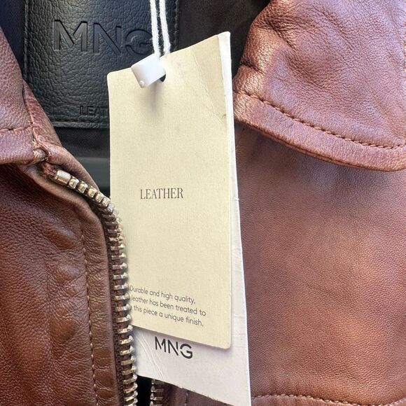 Mango MNG $240 Brown 100% Leather Jacket bomber coat women's medium NWT - Picture 6 of 13